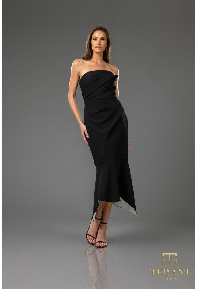 Terani 251C4173 Strapless Twill Midi Length Gown 12 / Black-Ivory