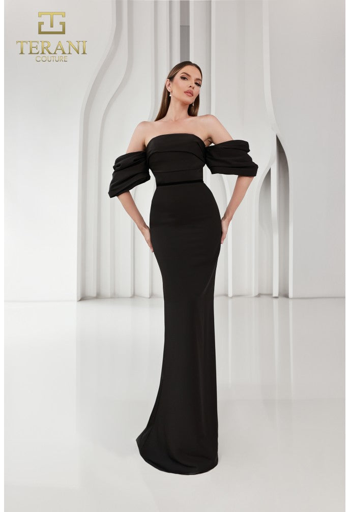 Terani 251E4204 Fitted Evening Gown with Off-the-Shoulder Sleeves Mia Bella Couture Terani 251E4204 Fitted Evening Gown with Off-the-Shoulder Sleeves Mia Bella Couture