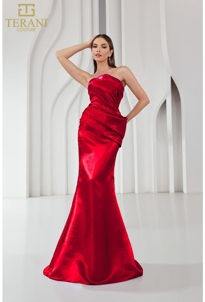 Terani 251E4231 Fitted Formal Full Length Gown Strapless Pleated Mermaid Flare Mia Bella Couture Terani 251E4231 Fitted Formal Full Length Gown Strapless Pleated Mermaid Flare Mia Bella Couture