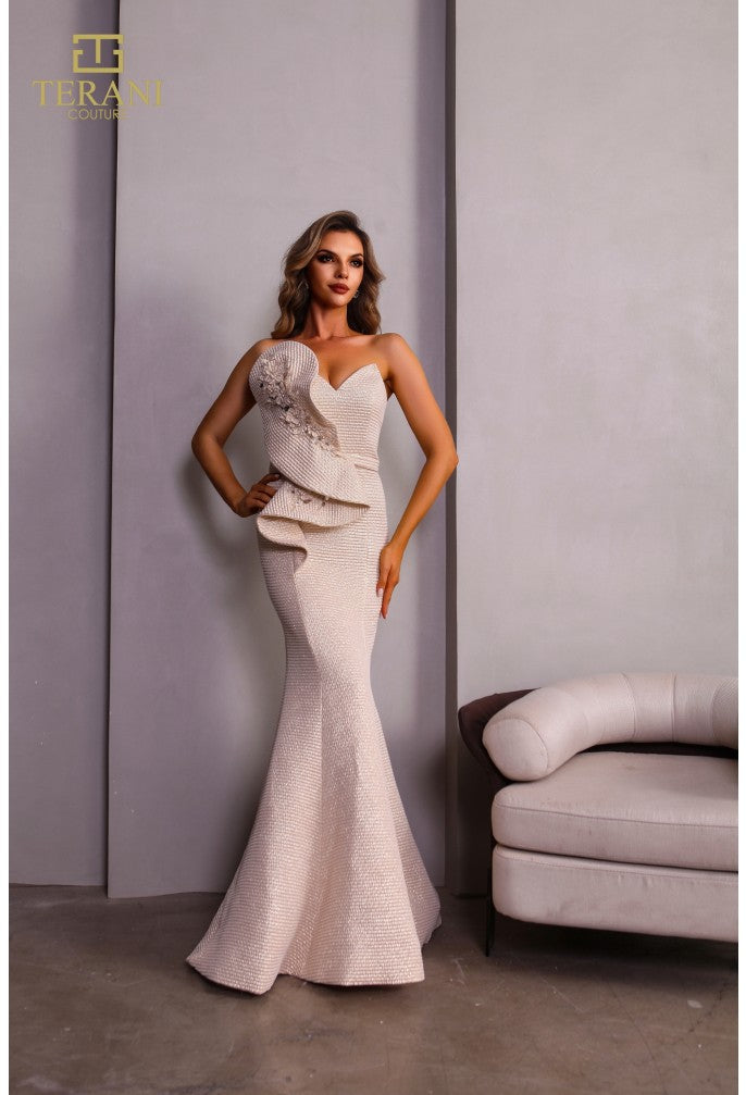 white christmas dresses Prom Strapless Ballgown Champagne Formal Glitter Tulle Dress 241P2216 by Terani  Couture main image 1