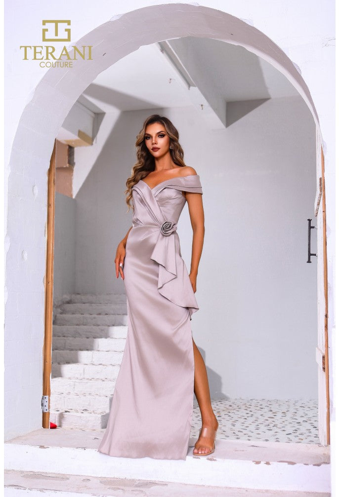 Terani 251M4260 Fitted Gown Bardot V Neckline Side Slit Mia Bella Couture Terani 251M4260 Fitted Gown Bardot V Neckline Side Slit Mia Bella Couture