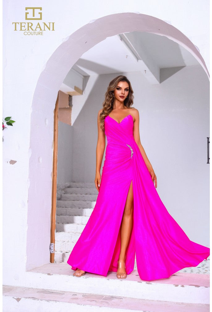 Terani 251P4055 | Fitted Stretch Gown Side Train Stone