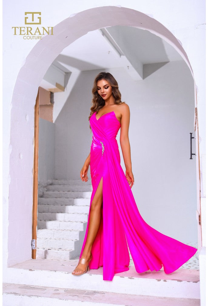 Terani 251P4055 | Fitted Stretch Gown Side Train Stone
