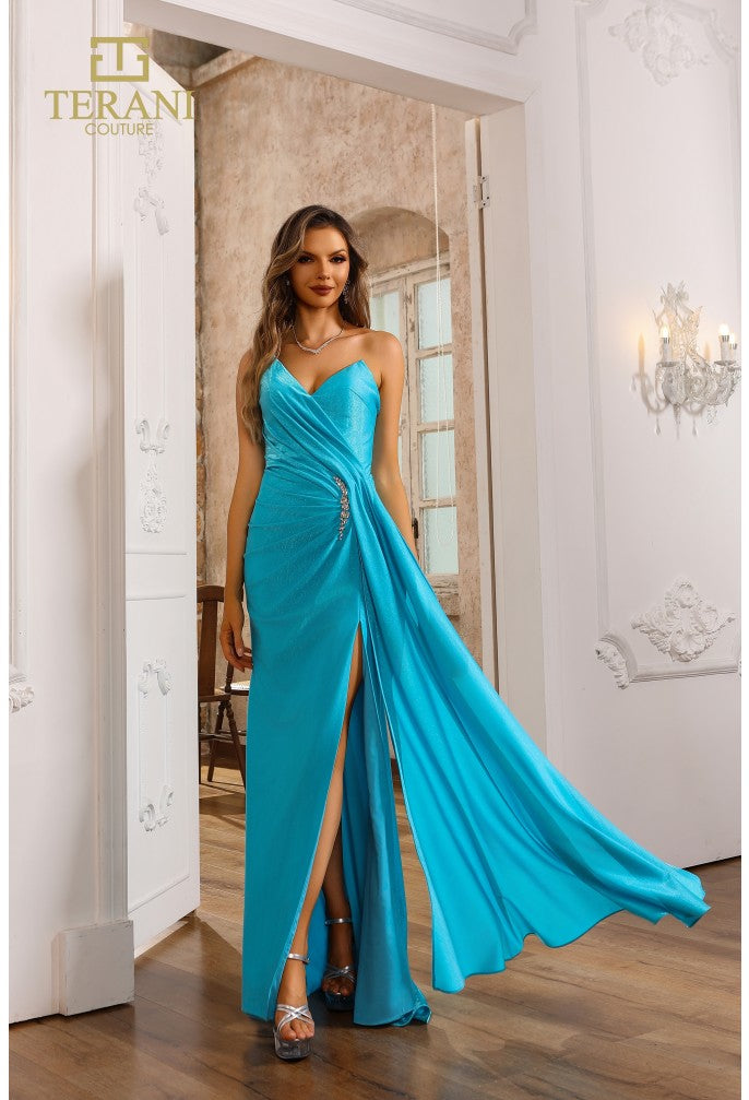 Terani 251P4055 | Fitted Stretch Gown Side Train Stone Embellishments Mia Bella Couture Terani 251P4055 | Fitted Stretch Gown Side Train Stone Embellishments Mia Bella Couture