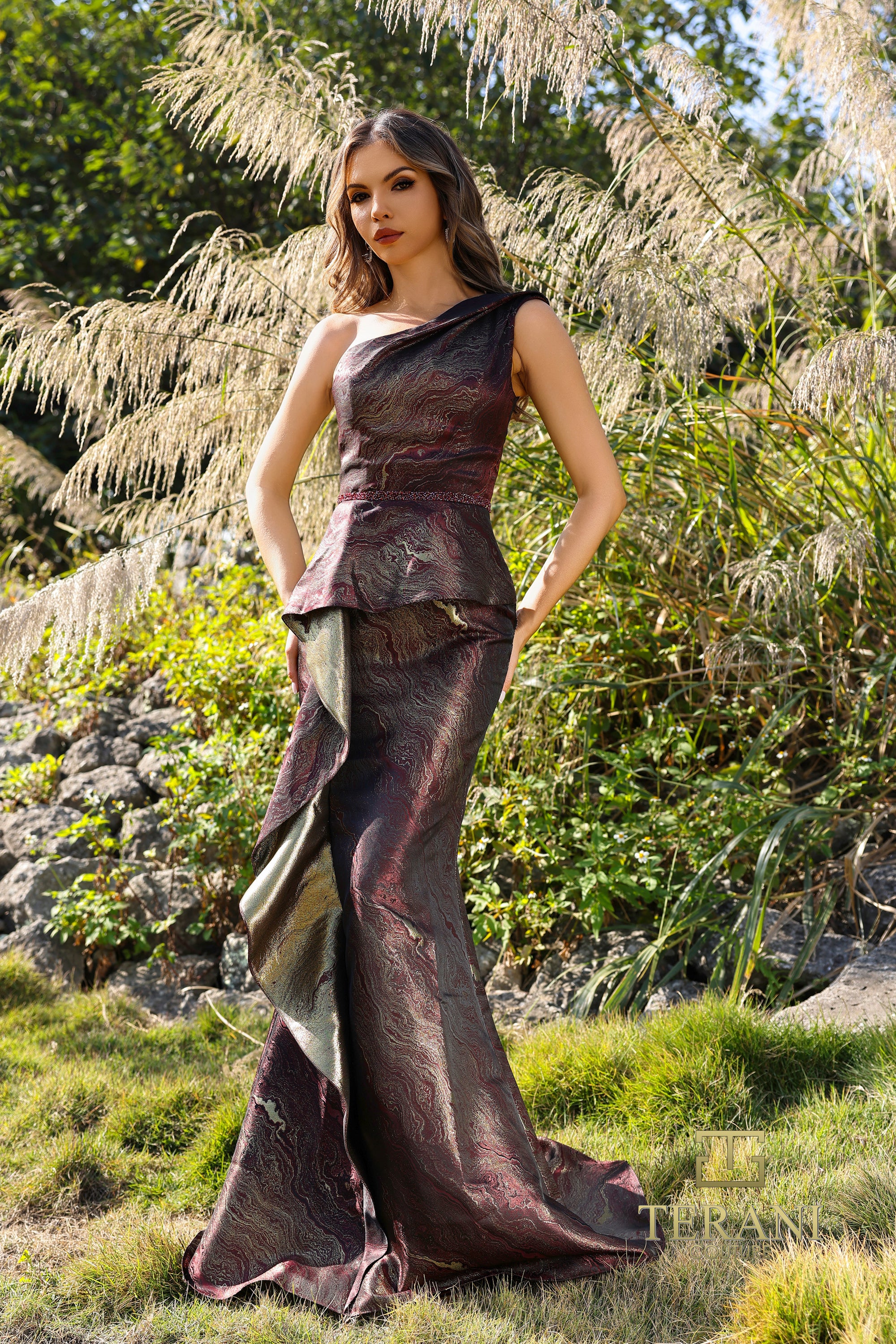 Terani 252E5159 Fitted One Shoulder Peplum Gown with Marbled Gold Pattern Mia Bella Couture Terani 252E5159 Fitted One Shoulder Peplum Gown with Marbled Gold Pattern Mia Bella Couture