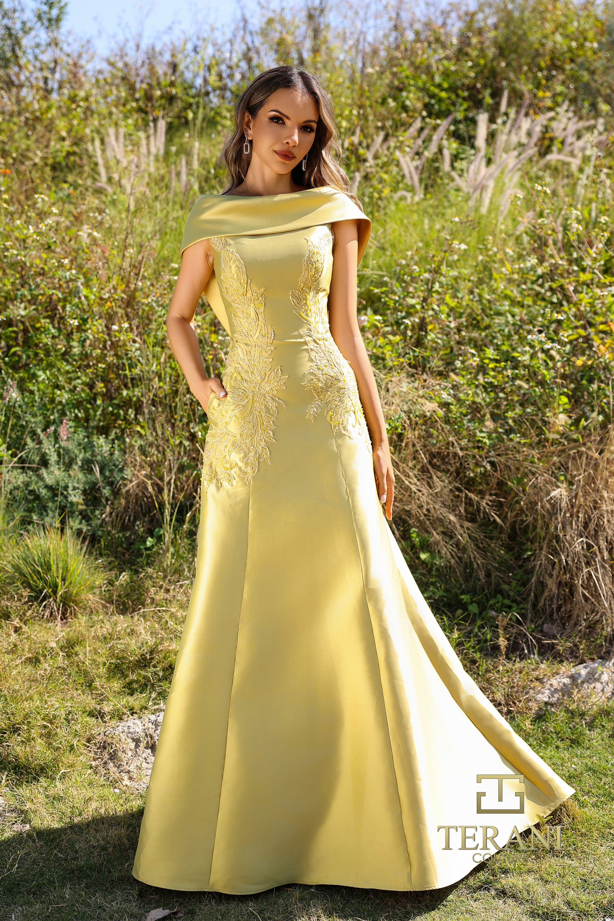 Terani 252M5356 A Line Mermaid Gown with Elegant Shoulder Drape – Mia Bella  Couture