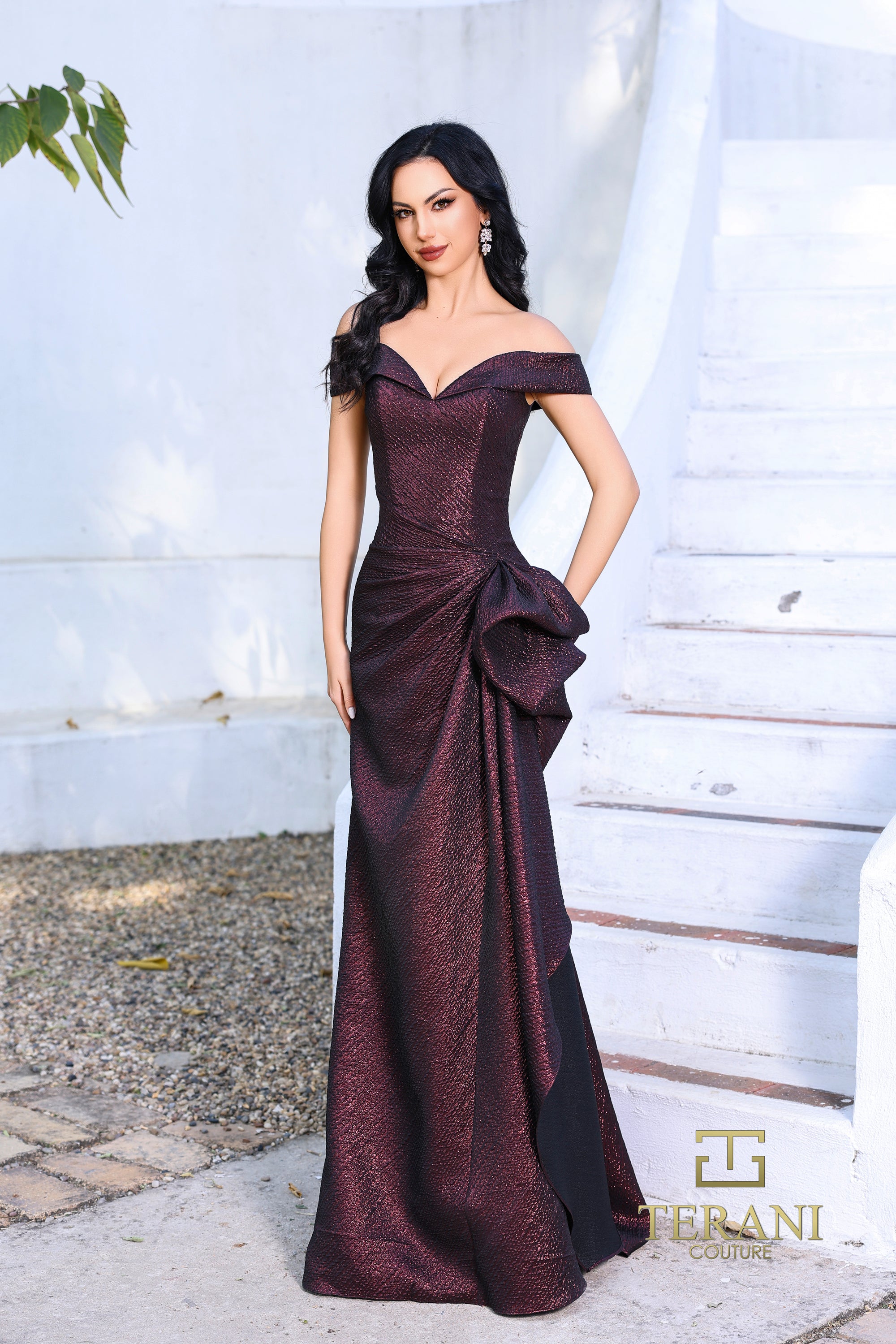 green emerald velvet dress One Shoulder Jacquard Mermaid Gown with Drape Detail in Cobalt Teal main image 0
