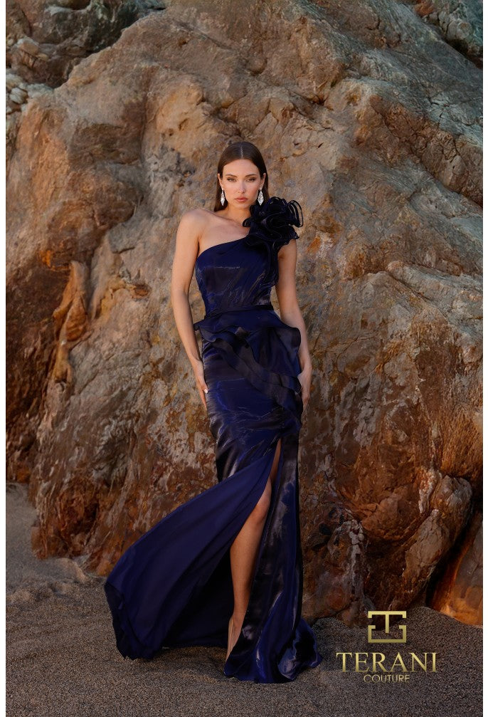 252E5516 Liquid metal fabric one shoulder gown  Mia Bella Couture