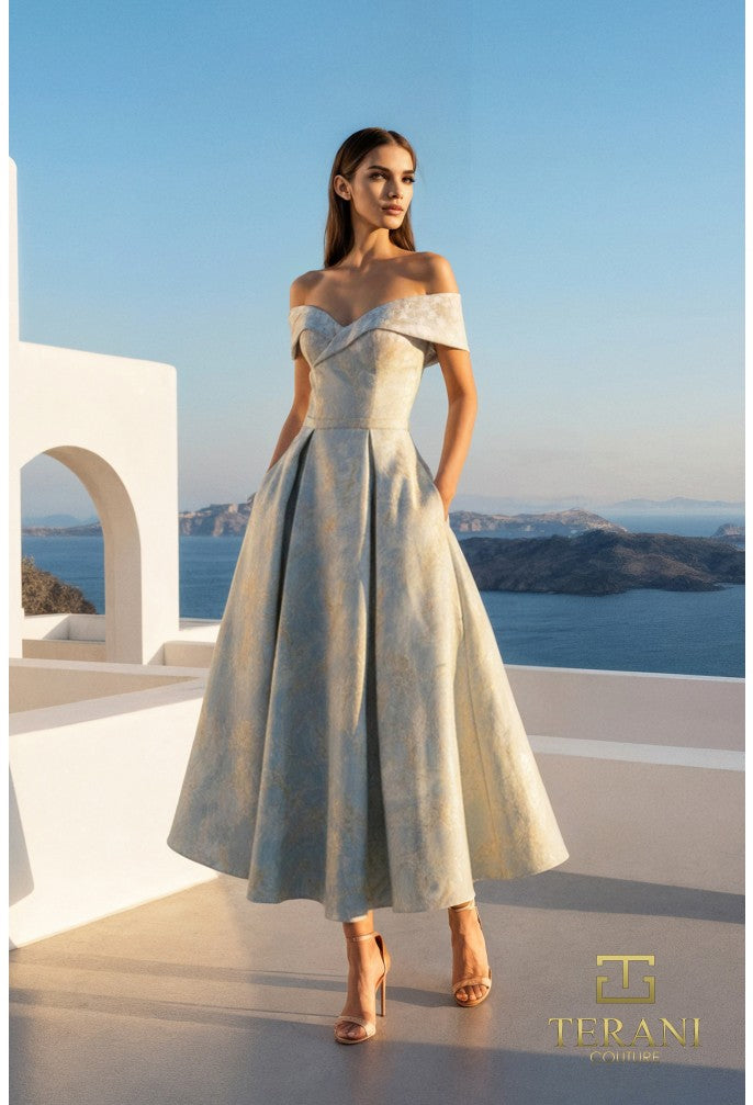 Terani 261C6515 Jacquard Off-The-Shoulder Sweetheart A-Line Midi