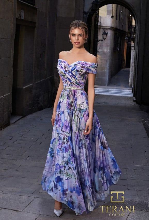 Terani 261C6641 A-Line Off-Shoulder Pleated Chiffon Gown – Mia