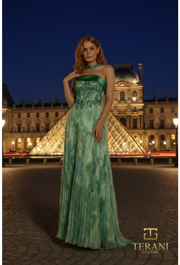 Terani 261E6093 Strapless Flowy Chiffon A-Line Gown with Cape Sleeves green-Multi / 2