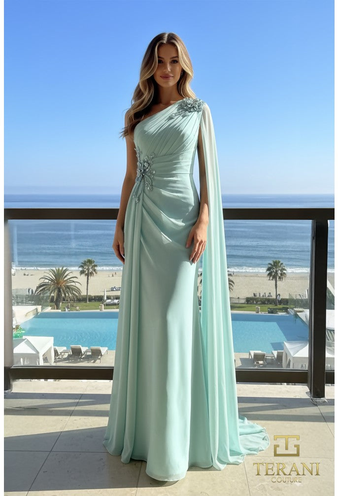 Terani 261E6205 Column Chiffon Gown with One-Shoulder Cape & Slit