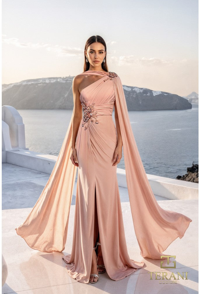 Terani 261E6205 Column Chiffon Gown with One-Shoulder Cape & Slit