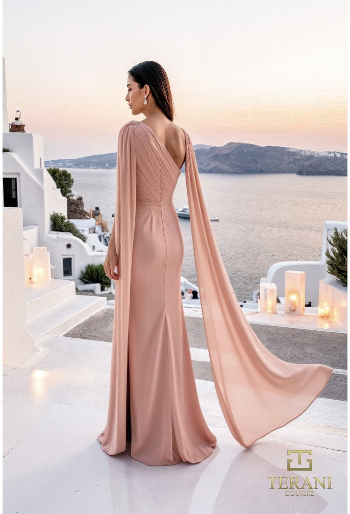 Terani 261E6205 Column Chiffon Gown with One-Shoulder Cape & Slit