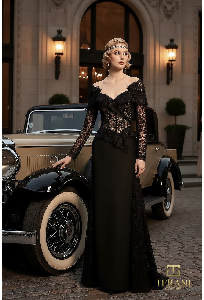green emerald velvet dress Terani 261E6208 Matte Satin Gown with Sheer Lace Bodice & Long Sleeves Black / 12