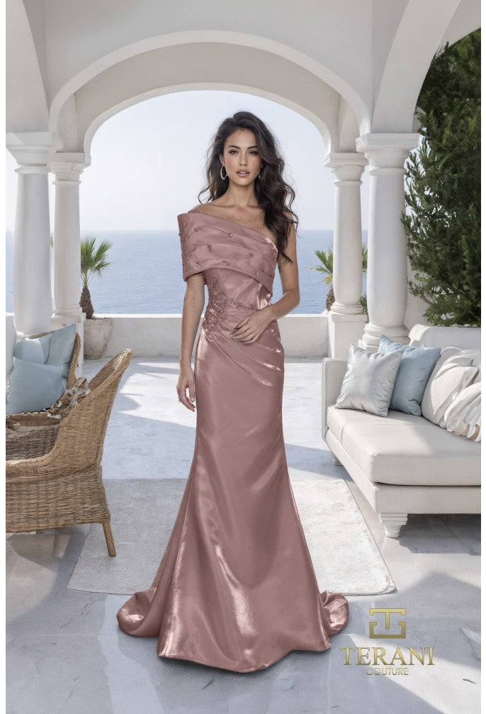 Terani 261E6227 Asymmetric One-Shoulder Fitted Shimmer Mikado Gown  Mia  Bella Couture