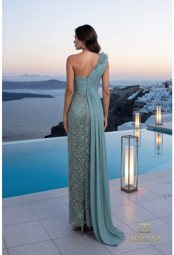 Terani 261E6257 One-Shoulder Satin & Lace Grecian Gown with Side