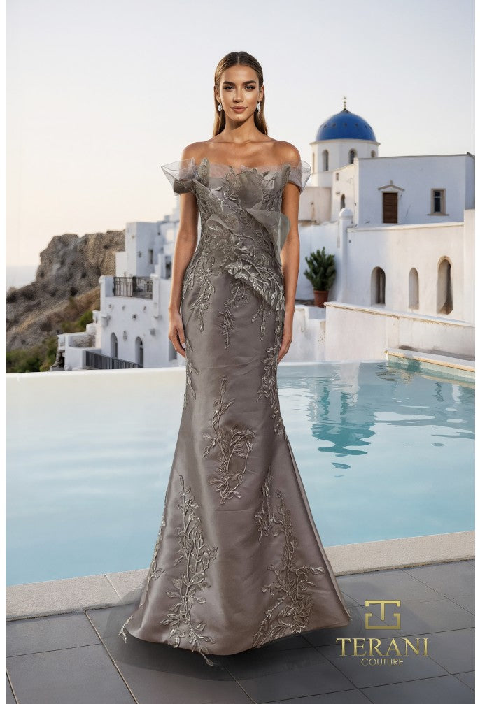 Terani 261E6270 Stretch Mikado Asymmetric Off-Shoulder Mermaid