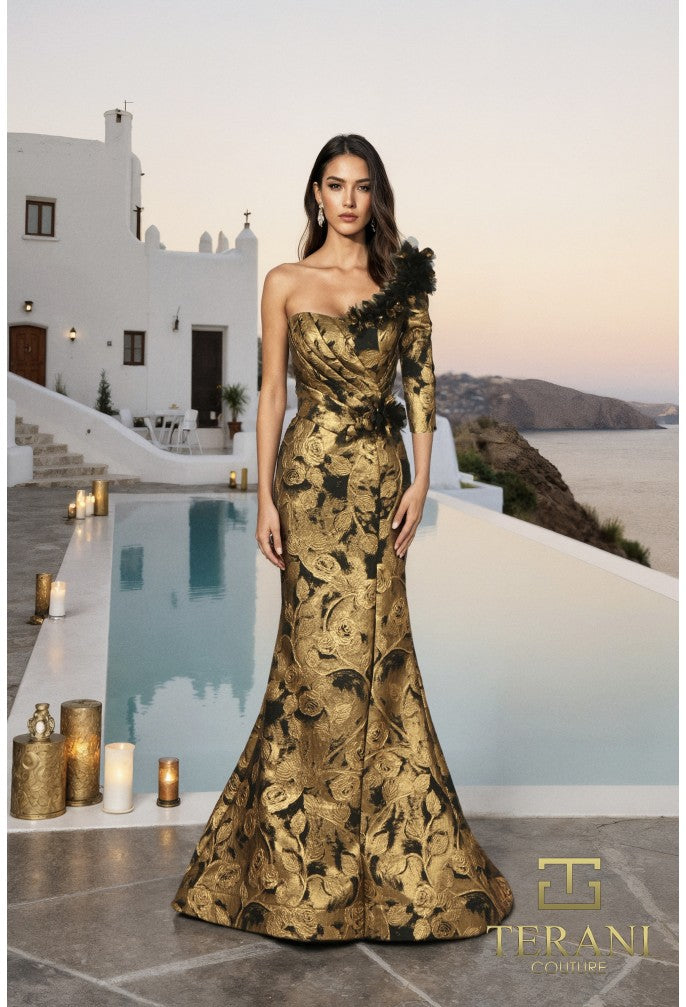 Terani 261E6275 Asymmetric One-Shoulder Brocade Trumpet Gown  Mia Bella  Couture