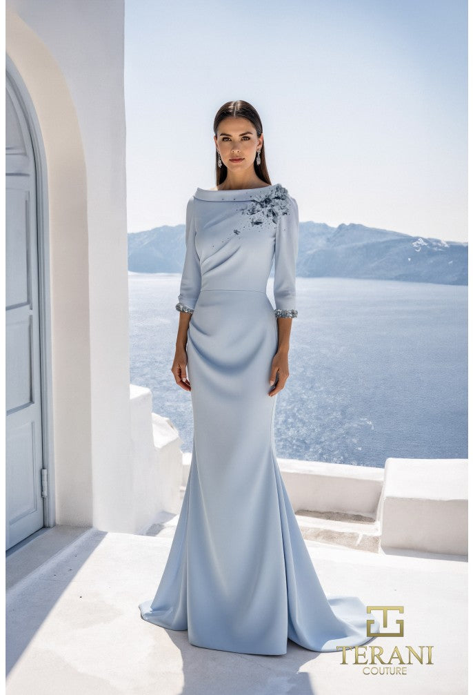 Terani 261E6701 High Boat Neck Crepe Sheath Gown with 3/4 Sleeves