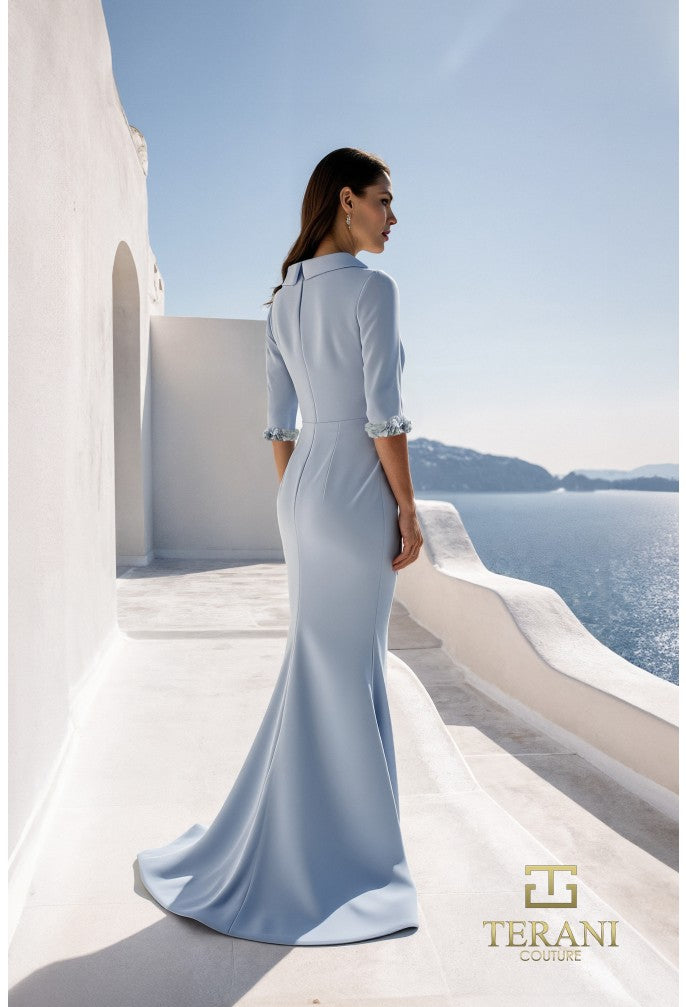 Terani 261E6701 High Boat Neck Crepe Sheath Gown with 3/4 Sleeves