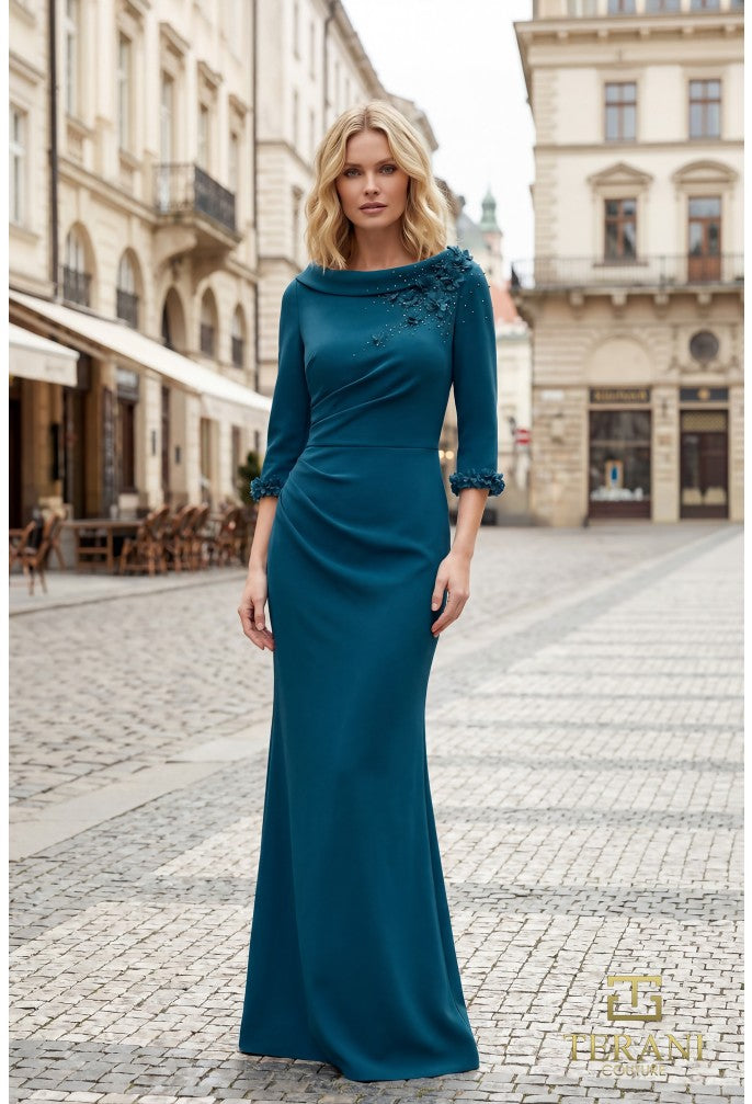 Terani 261E6701 High Boat Neck Crepe Sheath Gown with 3/4 Sleeves Champagne / 10 Terani 261E6701 High Boat Neck Crepe Sheath Gown with 3/4 Sleeves Champagne / 10