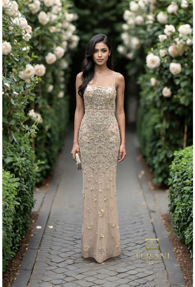 green emerald velvet dress Terani 261GL6366 Beaded Tulle Sheath Gown with Spaghetti Straps Blush / 2
