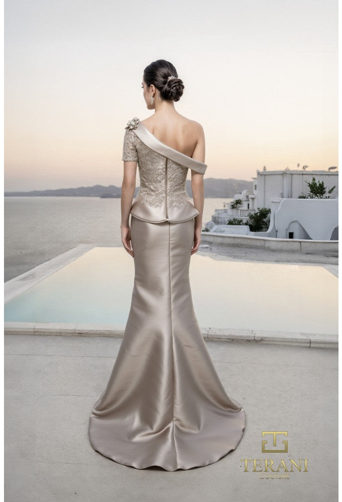 Terani 261M6408 Asymmetric One-Shoulder Lace Mikado Peplum Gown  Mia Bella  Couture