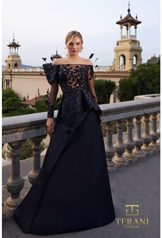 Terani 261M6410 Mikado & Beaded Tulle A-Line Gown with Sheer
