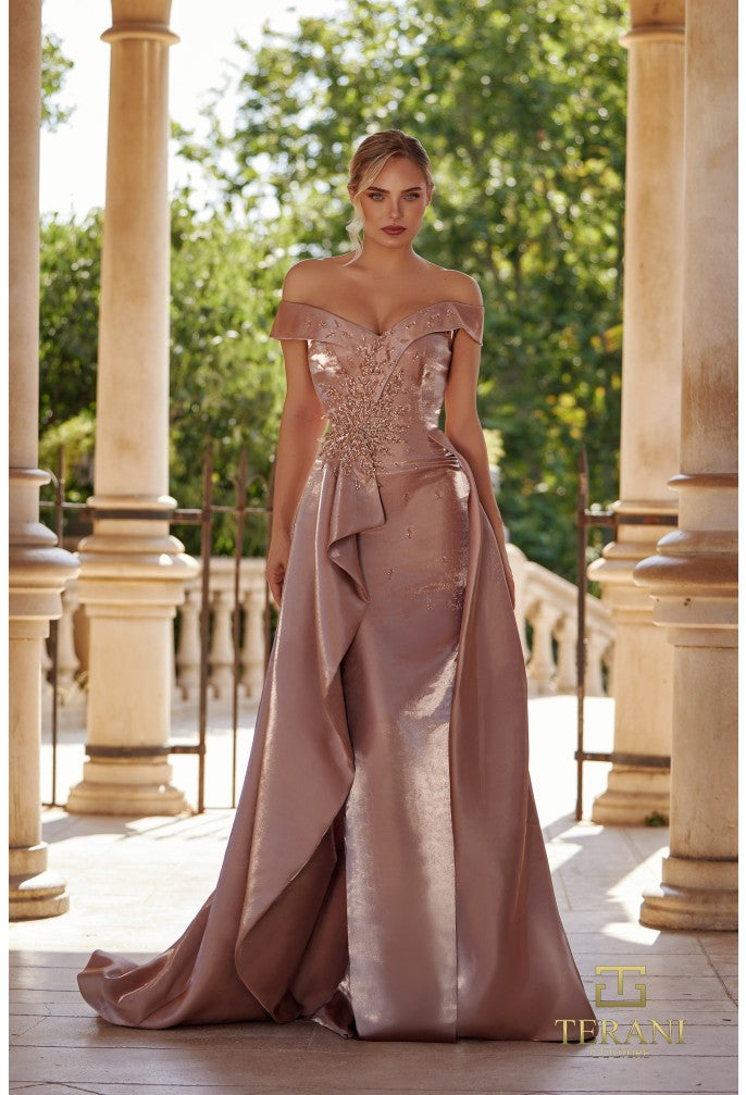 Terani 261M6423 Off-Shoulder Fit & Flare Shimmer Gown with Overskirt Mia Bella Couture Terani 261M6423 Off-Shoulder Fit & Flare Shimmer Gown with Overskirt Mia Bella Couture