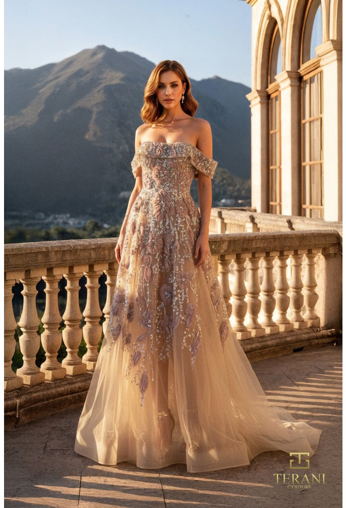 Terani 261M6435 Beaded Tulle Off-The-Shoulder A-Line Gown Nude / 8