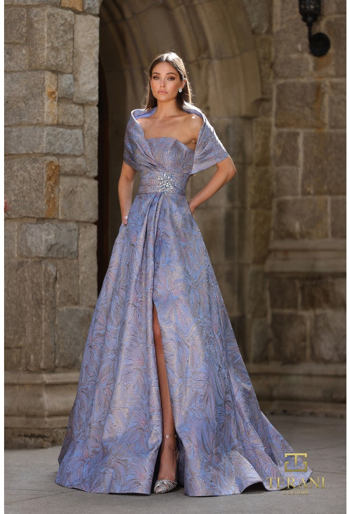 TERANI シルバー パーティードレス　オフショル Terani 261M6453 Jacquard Off-Shoulder A-Line Ballgown – Mia Bella