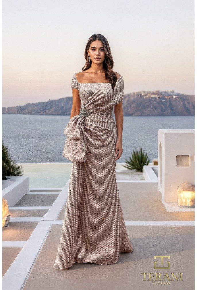 Terani 261M6679 Off-Shoulder Fitted Jacquard Gown with Hip Detail Rose Gold / 8 Terani 261M6679 Off-Shoulder Fitted Jacquard Gown with Hip Detail Rose Gold / 8