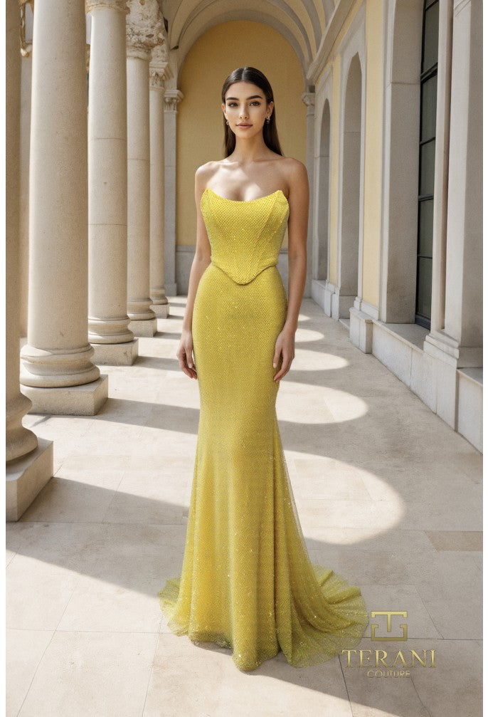 Terani 261P6187 Strapless Scoop Neck Fishnet Corset Gown Yellow / 10 Terani 261P6187 Strapless Scoop Neck Fishnet Corset Gown Yellow / 10