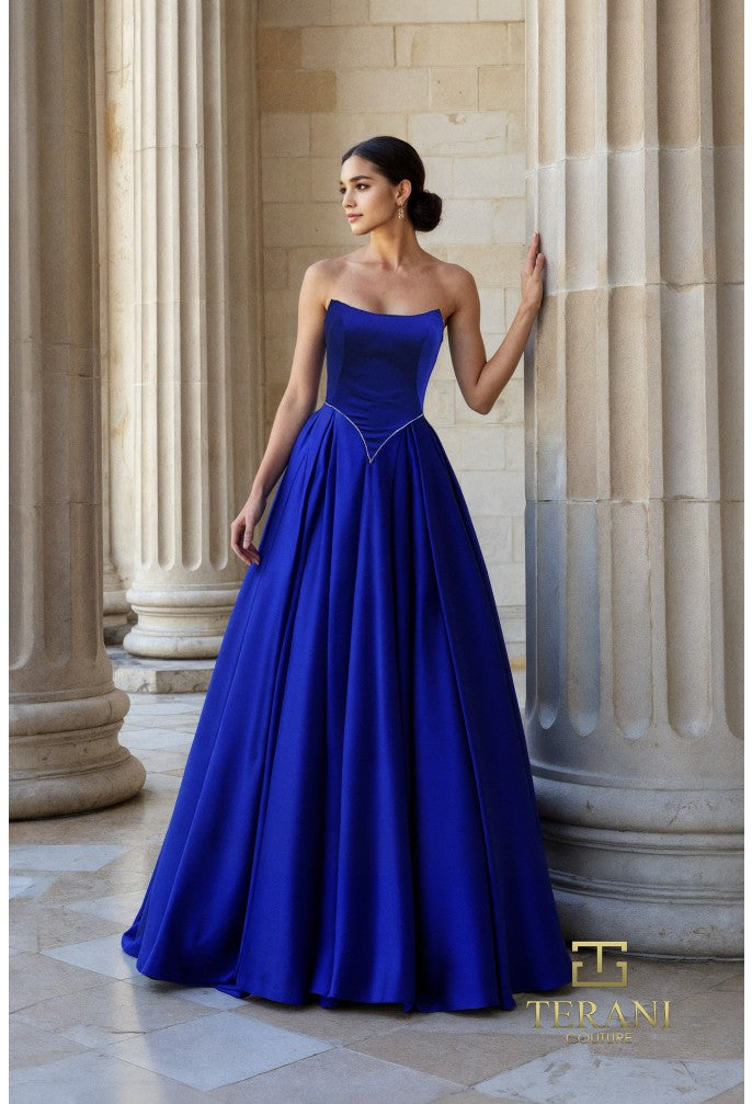 basque waist formal dress Terani 261P6194 Strapless Curved Neck Basque Waist Ballgown Blush / 14