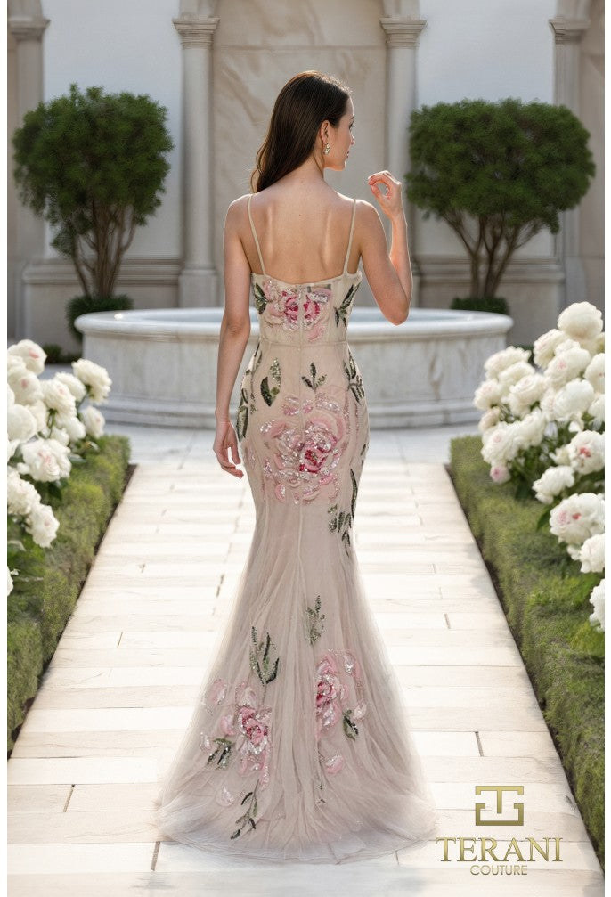 Terani 261P6677 Scoop Neck Tulle Mermaid Gown with Floral Embroidery BLUSH-MULTI / 22