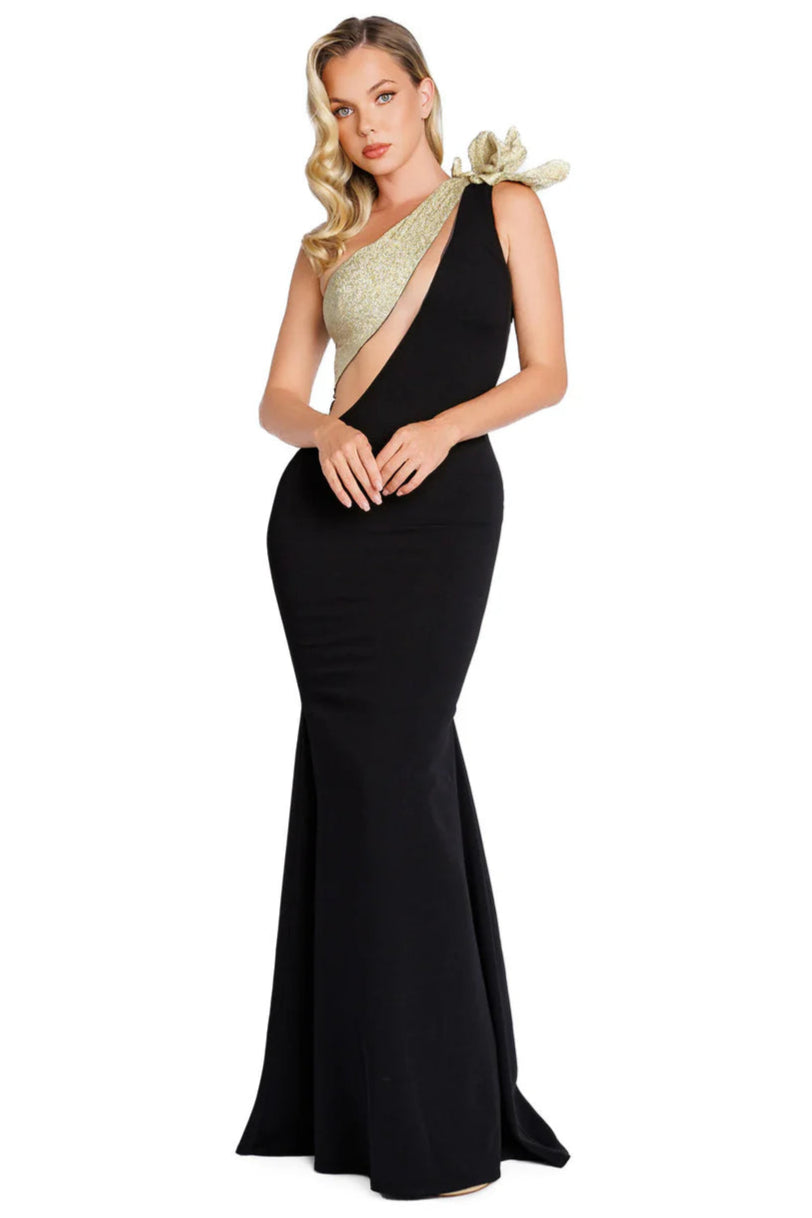 Nicole Bakti 7375 One Shoulder Crepe Gown With Asymmetrical Open Chest Mia Bella Couture Nicole Bakti 7375 One Shoulder Crepe Gown With Asymmetrical Open Chest Mia Bella Couture