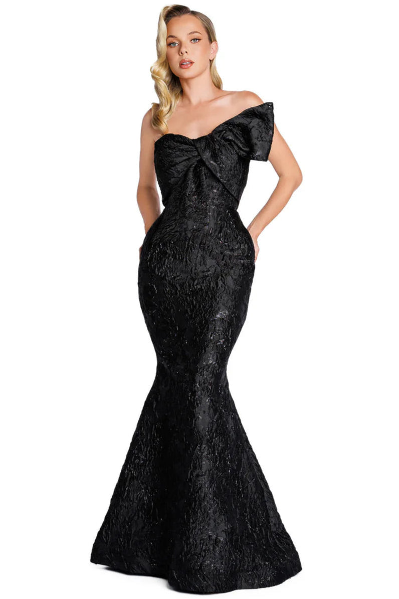 Nicole Bakti 7384 Strapless Mermaid Jacquard Gown with Front Bow 16 / Light Blue