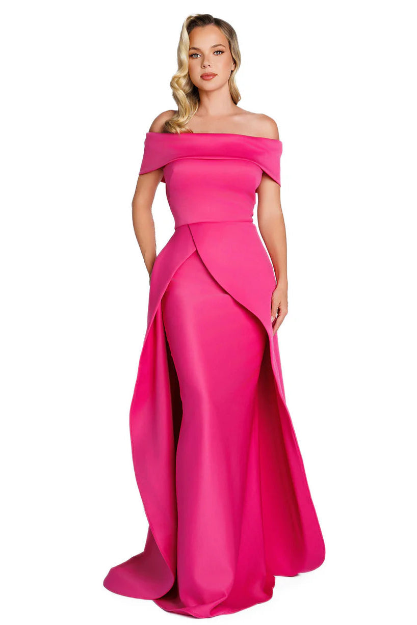 nicole bakti off the shoulder dress Nicole Bakti 7405 Off-The-Shoulder Flare Fitted Scuba Gown – Mia Bella  Couture
