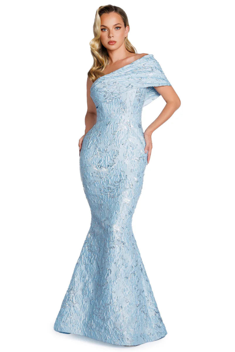 Nicole Bakti 7431 Asymmetrical One-Shoulder Brocade Gown With Back Bow –  Mia Bella Couture