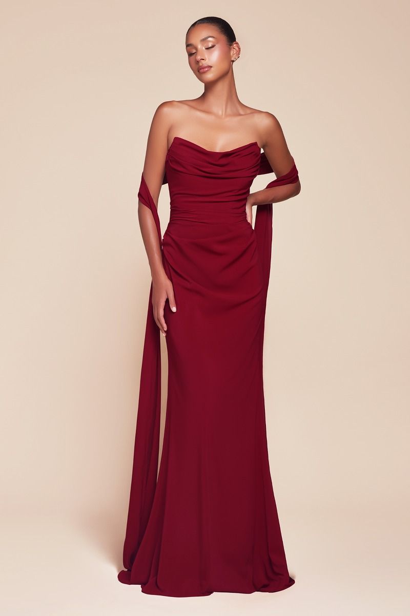 Ladivine 7433 Elegant Fitted Chiffon Gown Burgundy / 4 Ladivine 7433 Elegant Fitted Chiffon Gown Burgundy / 4