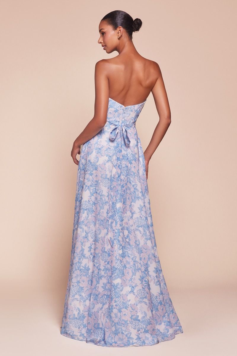 La Divine 7443 Floral Printed Satin Formal A-Line Gown Blue / 6