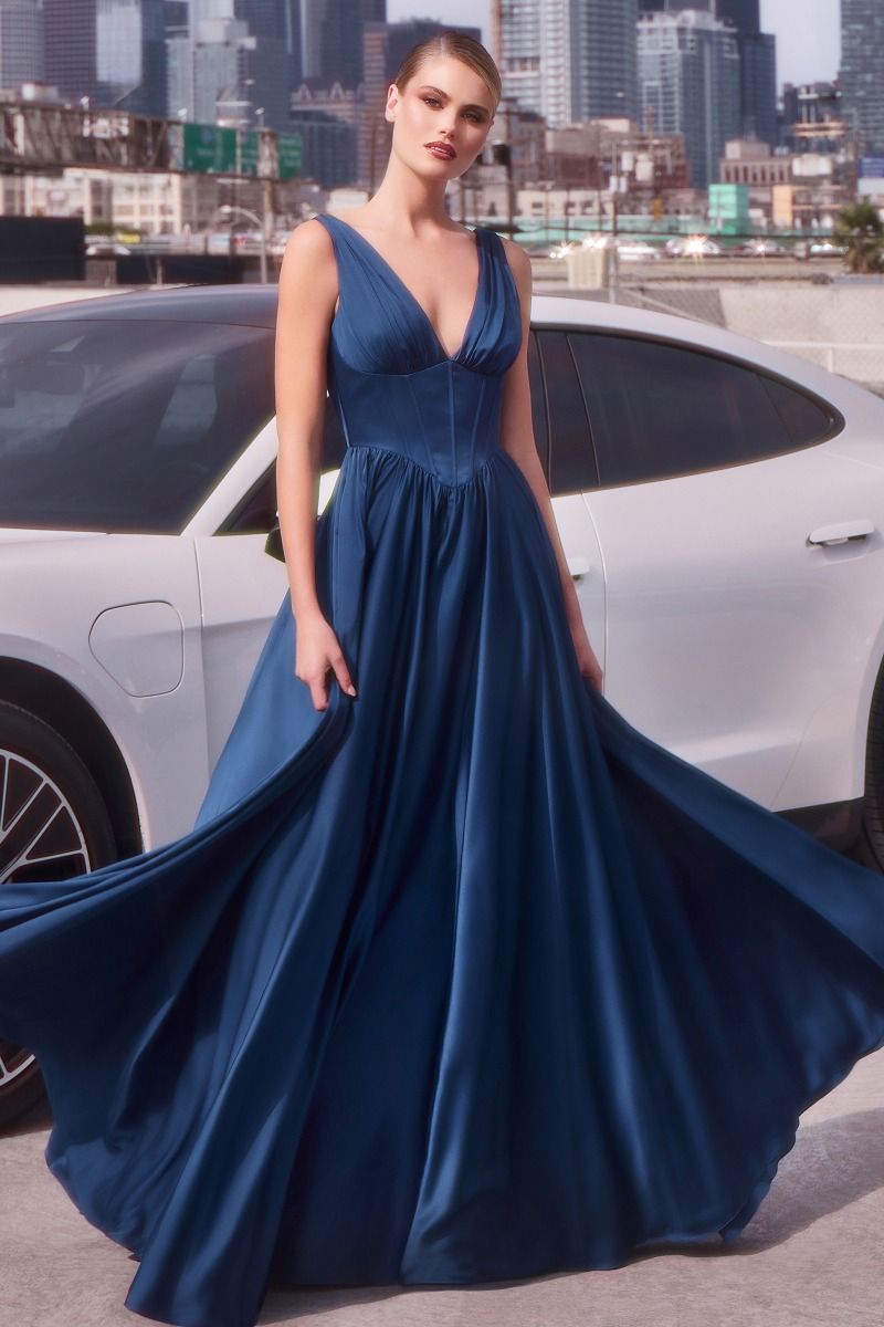 Ladivine 7447 Elegant A-Line Evening Gown with Corset-Style Bodice Navy / 8 Ladivine 7447 Elegant A-Line Evening Gown with Corset-Style Bodice Navy / 8