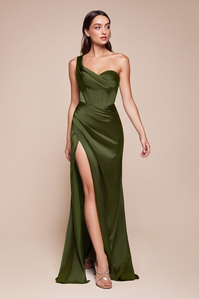 Ladivine 7448 Elegant Formal Satin Gown Olive / 14