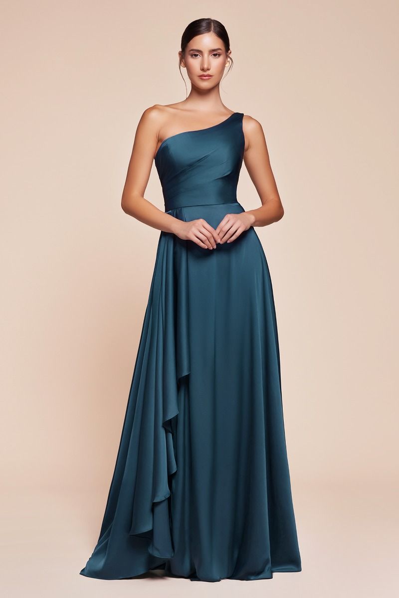 La Divine 7450 Satin Formal Gown One Shoulder Soft A-line Skirt with Slit French Navy / 16 La Divine 7450 Satin Formal Gown One Shoulder Soft A-line Skirt with Slit French Navy / 16