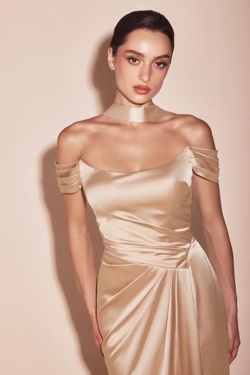 champagne satin off the shoulder dress Ladivine 7452 Elegantly Flared Satin Formal Gown with Off-the-Shoulder Straps and Lace-up Back Design Champagne / 20
