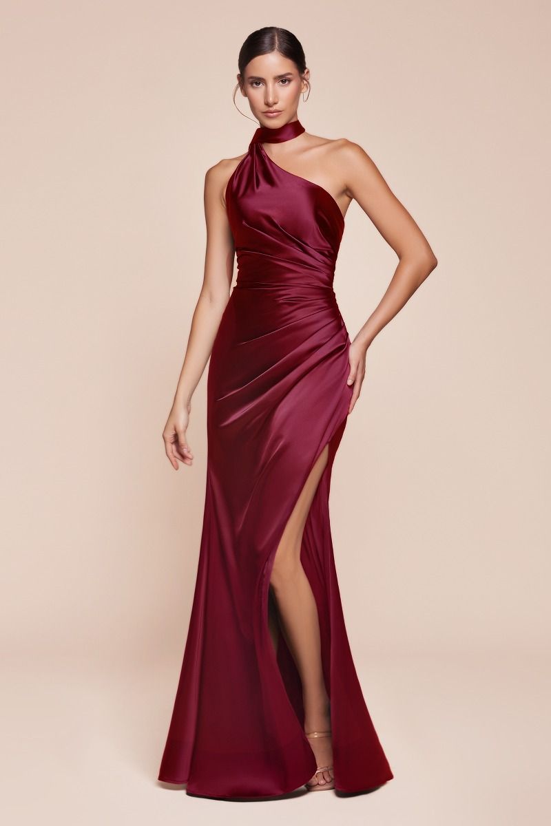 La Divine 7454 Satin Formal Gown One Shoulder Attached Wrap-Around Scarf Wrap Skirt with Slit Burgundy / 16 La Divine 7454 Satin Formal Gown One Shoulder Attached Wrap-Around Scarf Wrap Skirt with Slit Burgundy / 16
