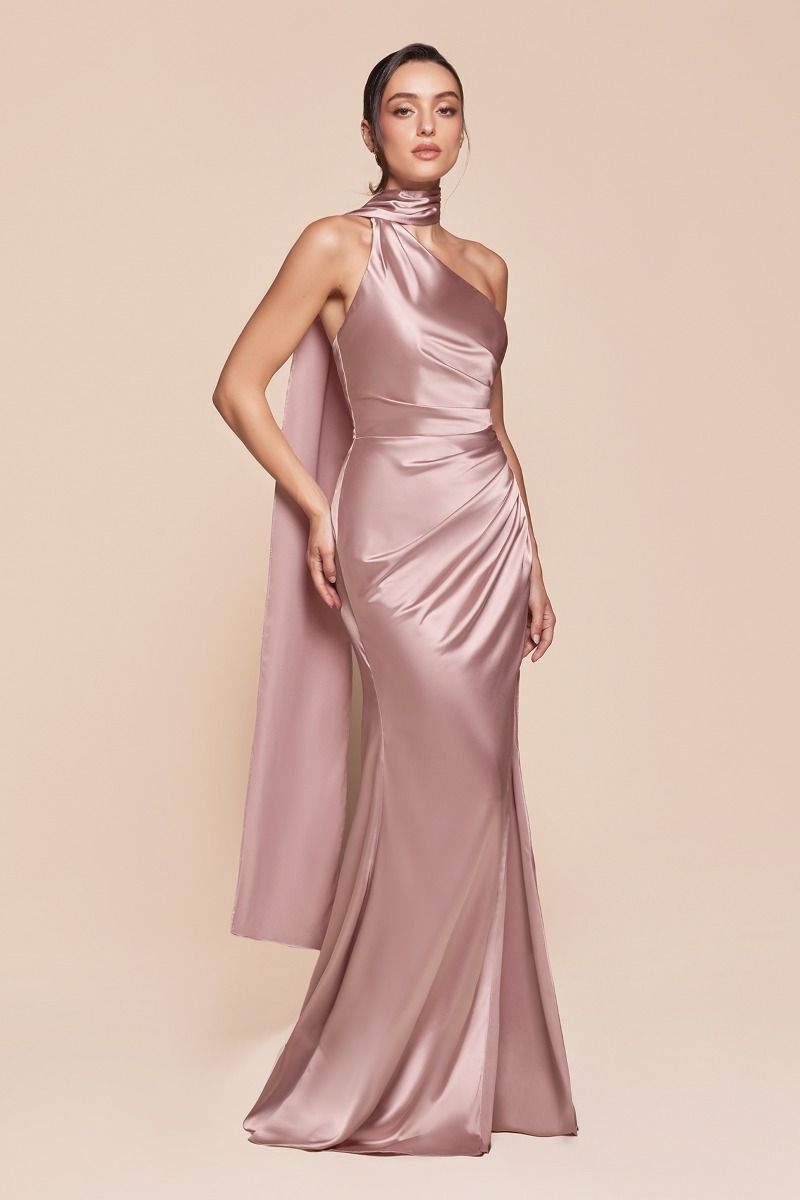 La Divine 7454 Satin Formal Gown One Shoulder Attached Wrap-Around Scarf Wrap Skirt with Slit Mauve / 4 La Divine 7454 Satin Formal Gown One Shoulder Attached Wrap-Around Scarf Wrap Skirt with Slit Mauve / 4