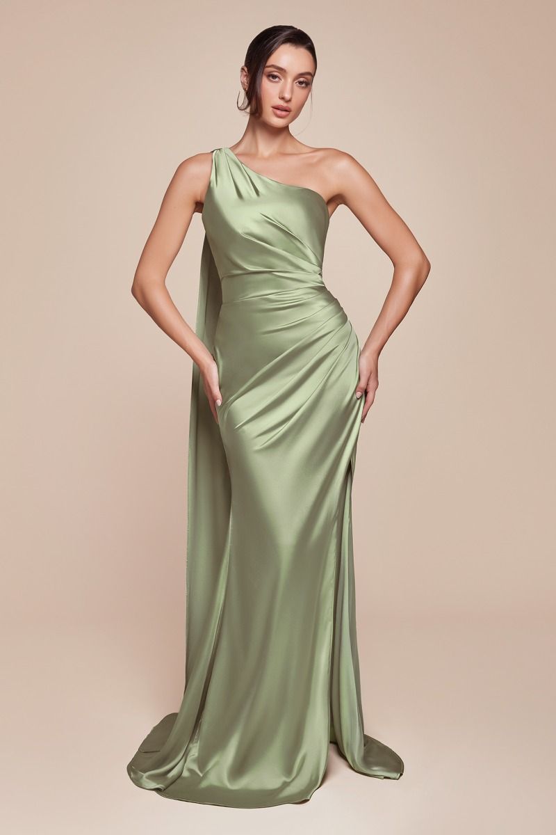 La Divine 7454 Satin Formal Gown One Shoulder Attached Wrap-Around Scarf Wrap Skirt with Slit Sage / 6 La Divine 7454 Satin Formal Gown One Shoulder Attached Wrap-Around Scarf Wrap Skirt with Slit Sage / 6