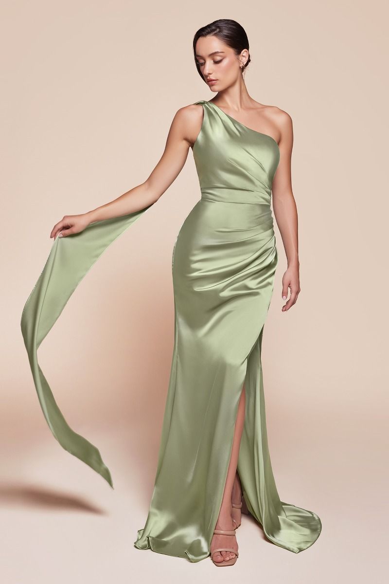 La Divine 7454 Satin Formal Gown One Shoulder Attached Wrap-Around Scarf Wrap Skirt with Slit Sage / 6 La Divine 7454 Satin Formal Gown One Shoulder Attached Wrap-Around Scarf Wrap Skirt with Slit Sage / 6